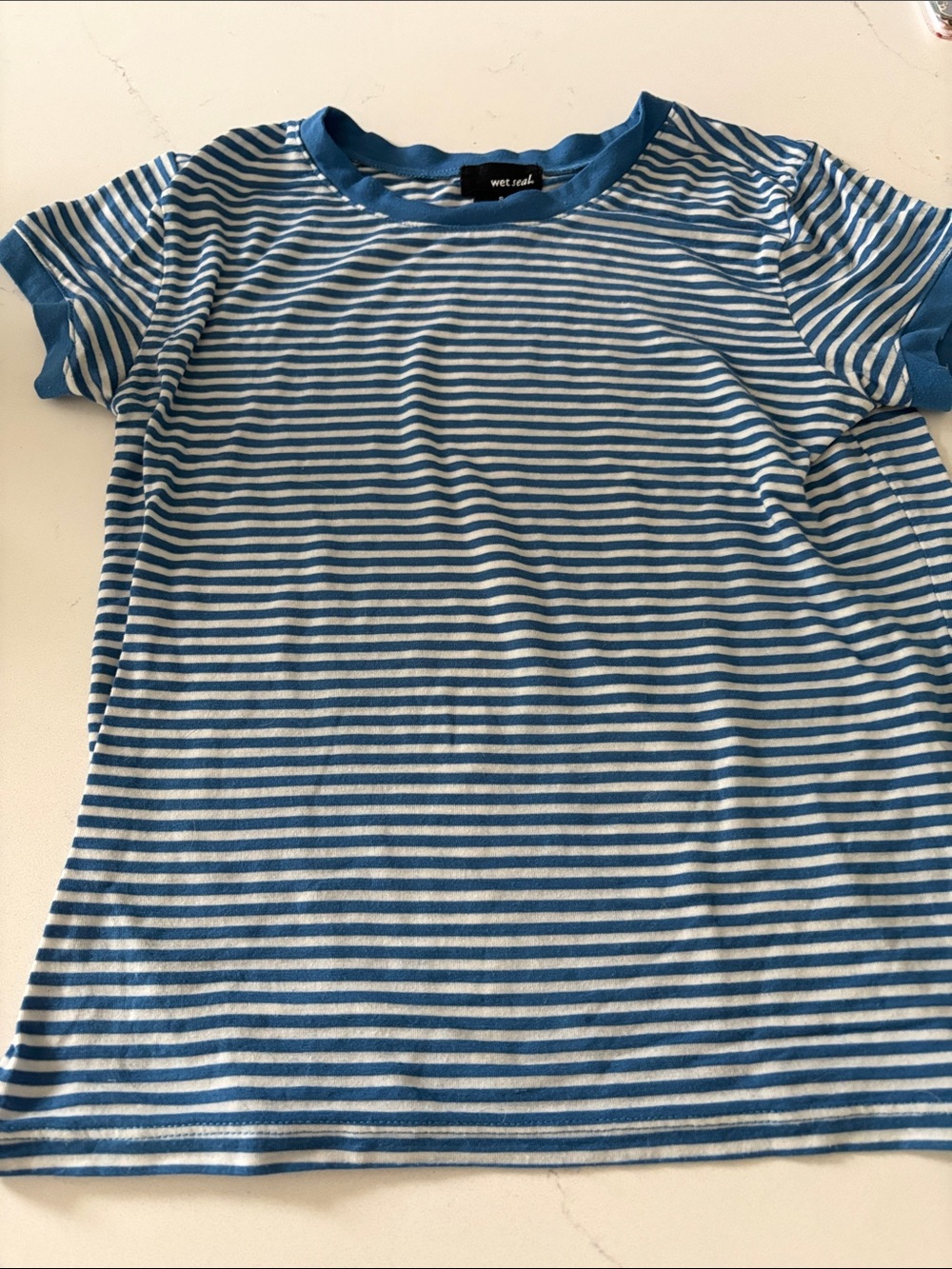 Wet Seal Blue & White Striped Short Sleeve Tee